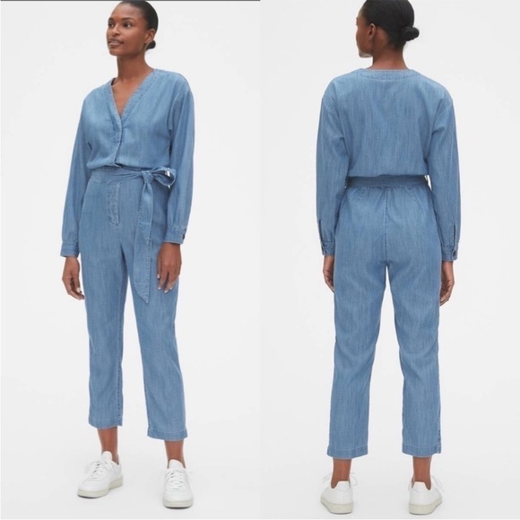 GAP chambray jean denim v-neck tie‎ belt jumpsuit jumper romper size 00 - Picture 1 of 13